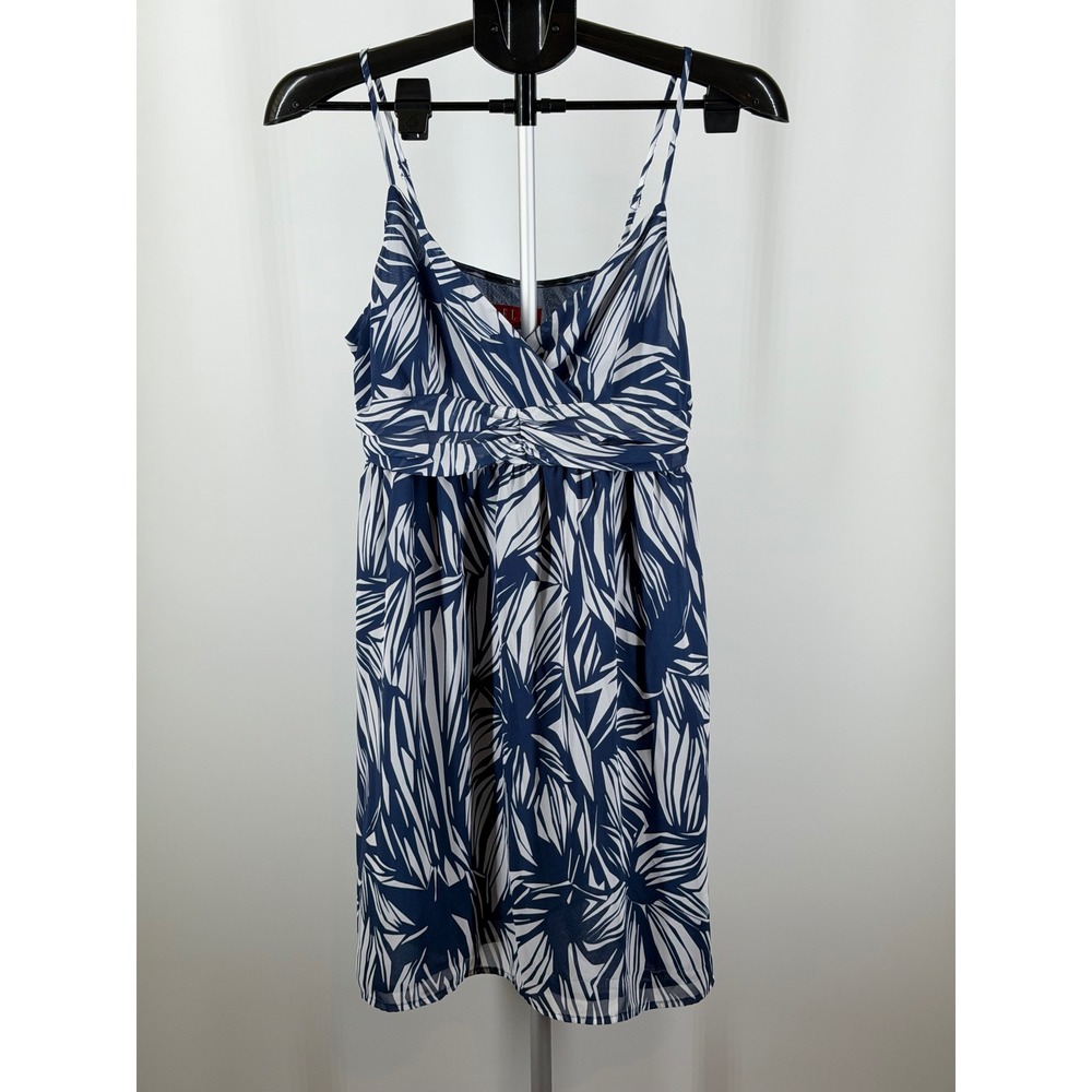 Elle Navy Blue White Tropical Palm Print Empire Waist Chiffon Sundress Womens 10